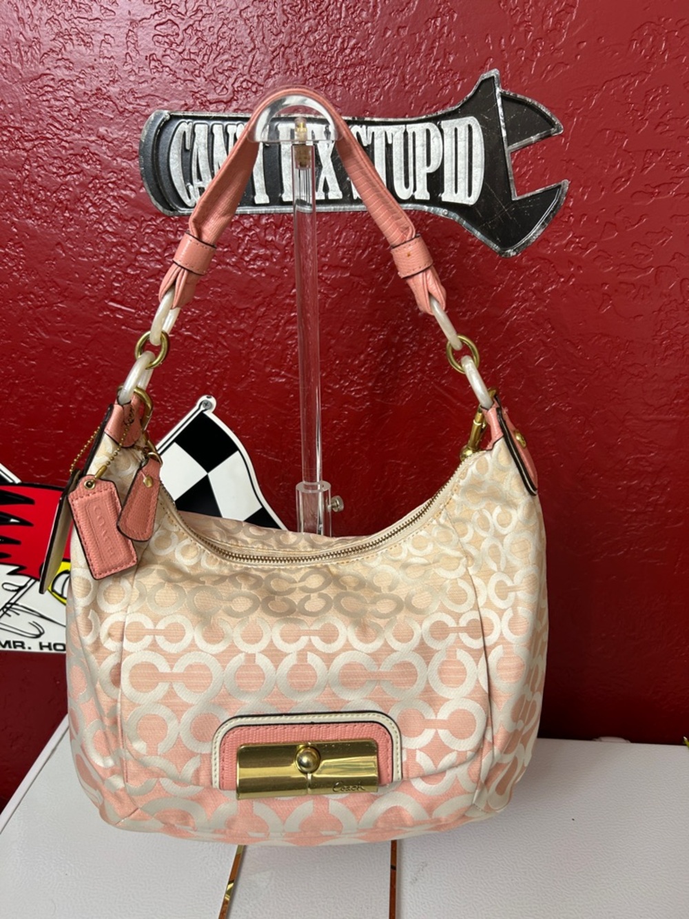 Coach Pink Signature Canvas Shoulder Bag with Gold Hardware
